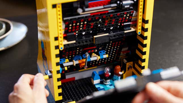 A look inside the Lego Pac-Man Arcade Machine Set with the rear access panel removed.