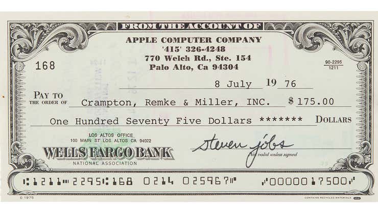 Image for A $175 Check Signed by Steve Jobs in 1976 Just Sold for $107,000
